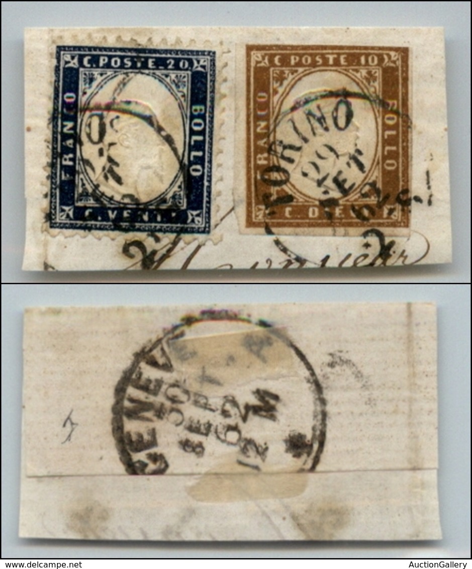 20477 REGNO D'ITALIA - VITTORIO EMANUELE II - 1862 - 20 Cent (2) + 10 Cent (14D Sardegna) Su Frammento (325) - Andere & Zonder Classificatie
