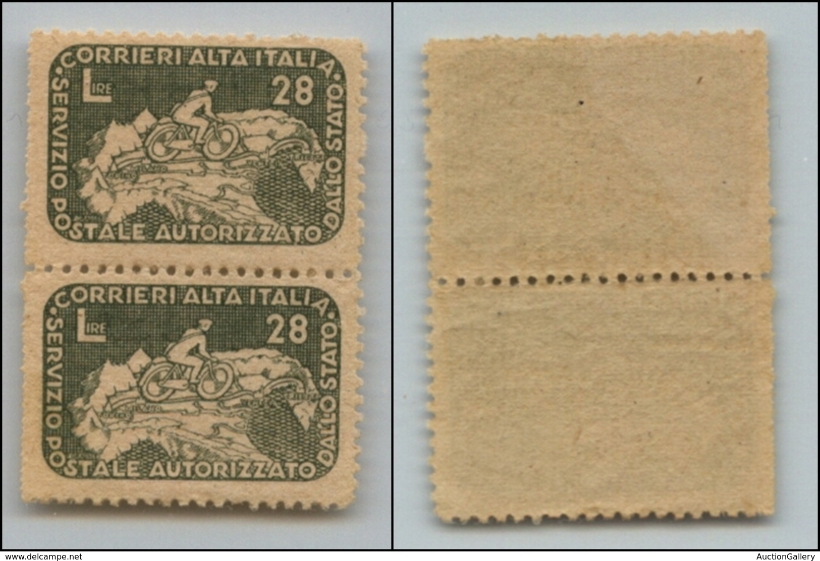 21314 REGNO D'ITALIA - CORALIT - 1945 – 28 Lire Ciclista (9c) – Coppia Verticale Con Perforazione Sinistra Da Doppia Den - Other & Unclassified