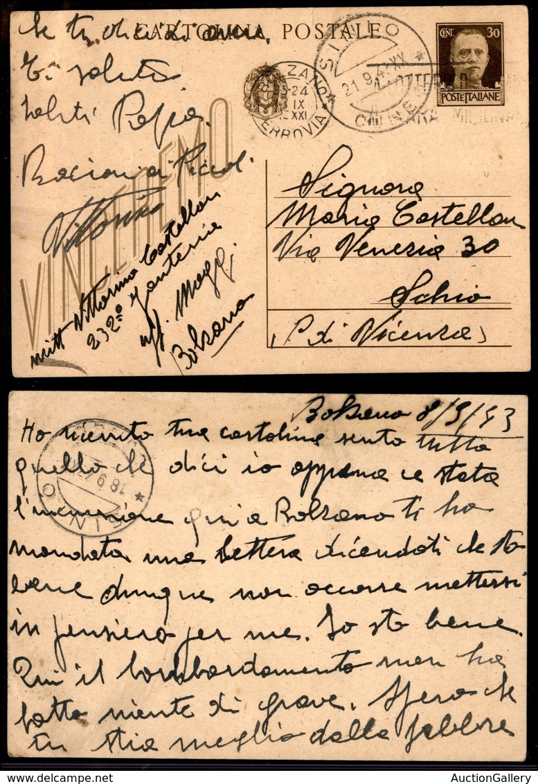 21315 REPUBBLICA SOCIALE - GNR BRESCIA - Bolzano 8 Settembre 1943 - Cartolina Postale Per Schio - Autres & Non Classés