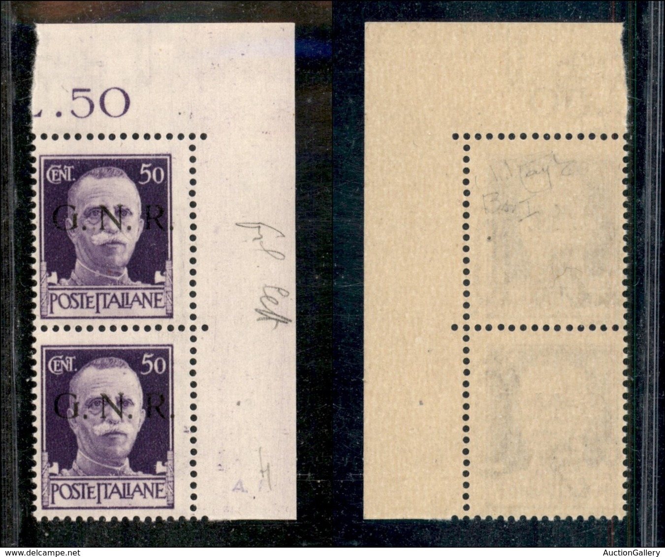 21388 REPUBBLICA SOCIALE - GNR BRESCIA - 1943 - 50 Cent (477/I) Coppia Angolare (pos.110/120) Con Filigrana Lettere 10/1 - Autres & Non Classés