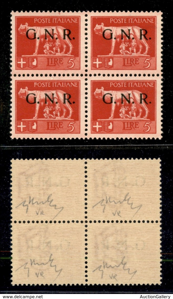 21474 REPUBBLICA SOCIALE - GNR VERONA - 1944 - 5 Lire (485) In Quartina - Gomma Integra - Ottimamente Centrata - Chiavar - Autres & Non Classés