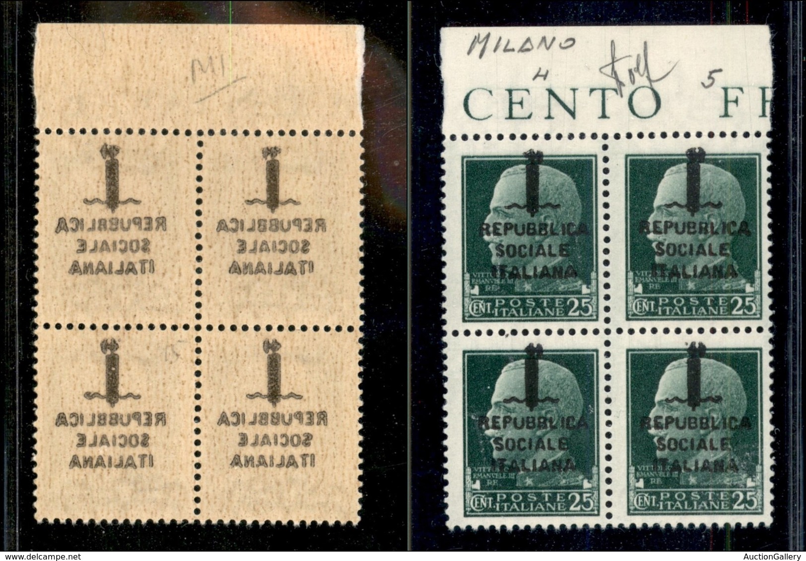 21535 REPUBBLICA SOCIALE - FASCETTI - 1944 – Milano – 25 Cent (491s) In Quartina Bordo Foglio (pos. 4/15) Con Decalco –  - Autres & Non Classés