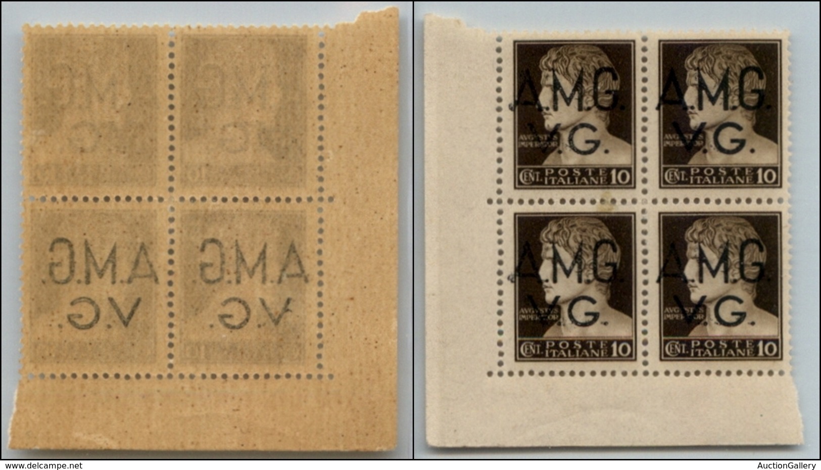 21581 TRIESTE - AMGVG - 1945 – 10 Cent (1/1p) – Quartina Angolare Con Decalco Nella Coppia Inferiore – Gomma Integra – N - Autres & Non Classés