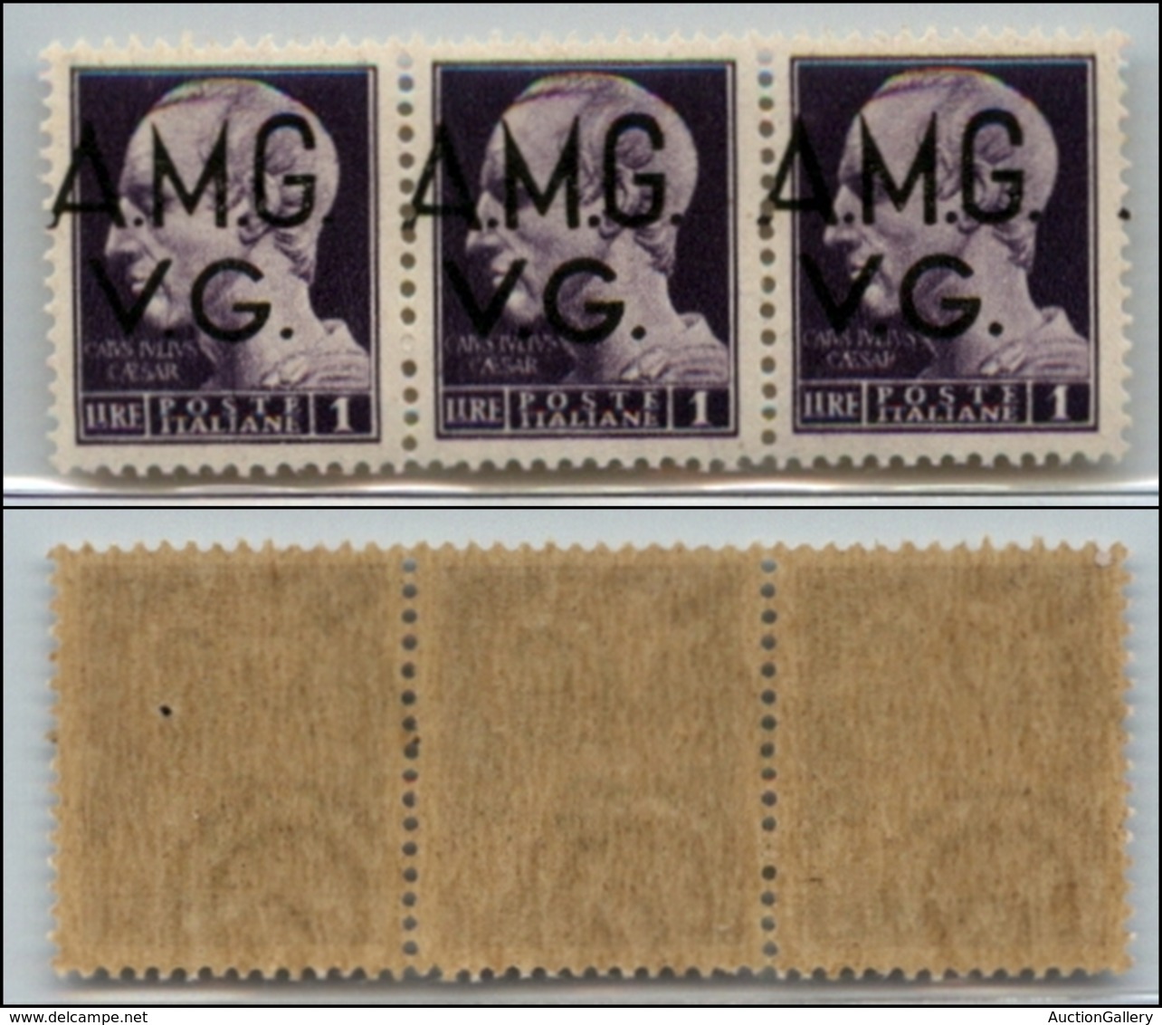 21592 TRIESTE - AMGVG - 1945 – 1 Lira (8hk) – Striscia Orizzontale Di 3 – Soprastampa A Sinistra (A Sulla Dentellatura)  - Sonstige & Ohne Zuordnung