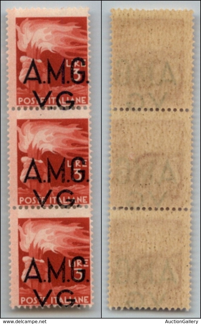 21601 TRIESTE - AMGVG - 1947 – 3 Lire (15hc) – Striscia Verticale Di Tre Con Soprastampe In Basso – Gomma Integra (90+) - Altri & Non Classificati