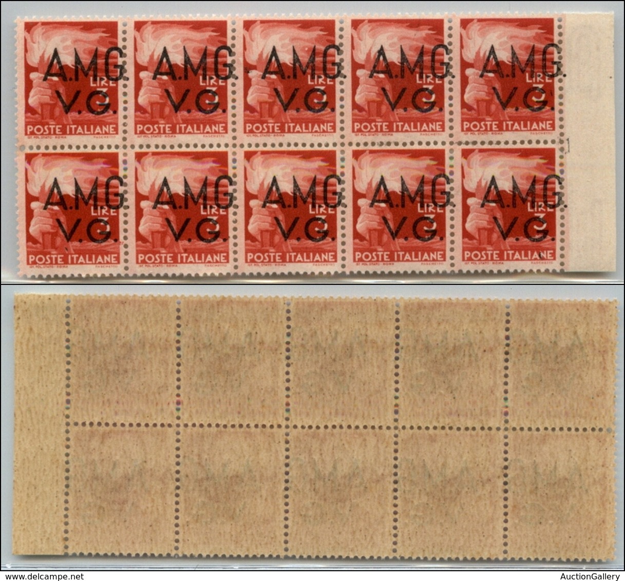 21602 TRIESTE - AMGVG - 1946 – 4 Lire (16 Varietà Hn) – Blocco Di 10 Bordo Foglio Con Soprastampa A Destra (punto Dopo G - Sonstige & Ohne Zuordnung