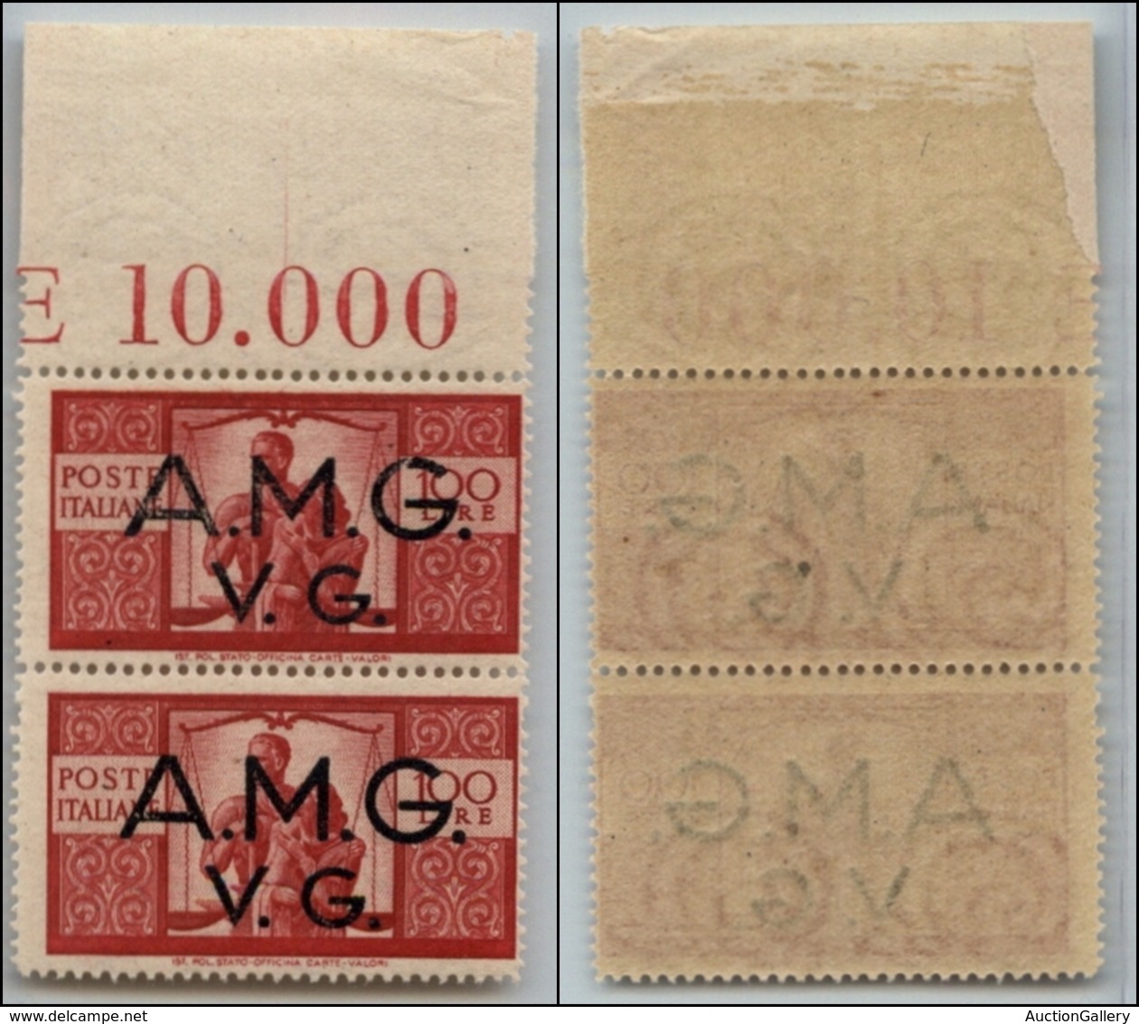 21609 TRIESTE - AMGVG - 1946 – 100 Lire (21) – Coppia Bordo Foglio – Gomma Integra – G Rotta Sul Pezzo Superiore - Autres & Non Classés