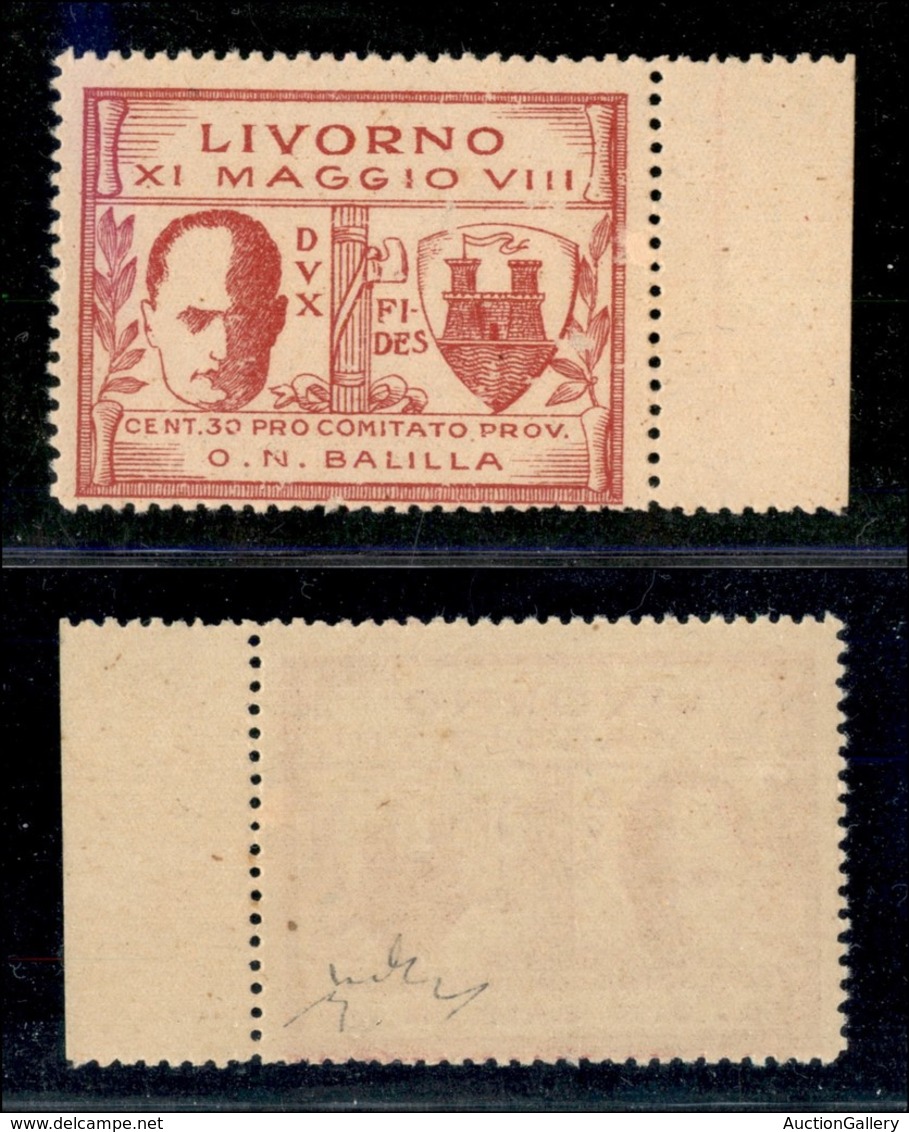 21747 ENISSIONI LOCALI - LIVORNO - 1930 – 30 Cent (1) Bordo Foglio – Gomma Integra – Lievi Abrasioni Al Recto – Chiavare - Andere & Zonder Classificatie