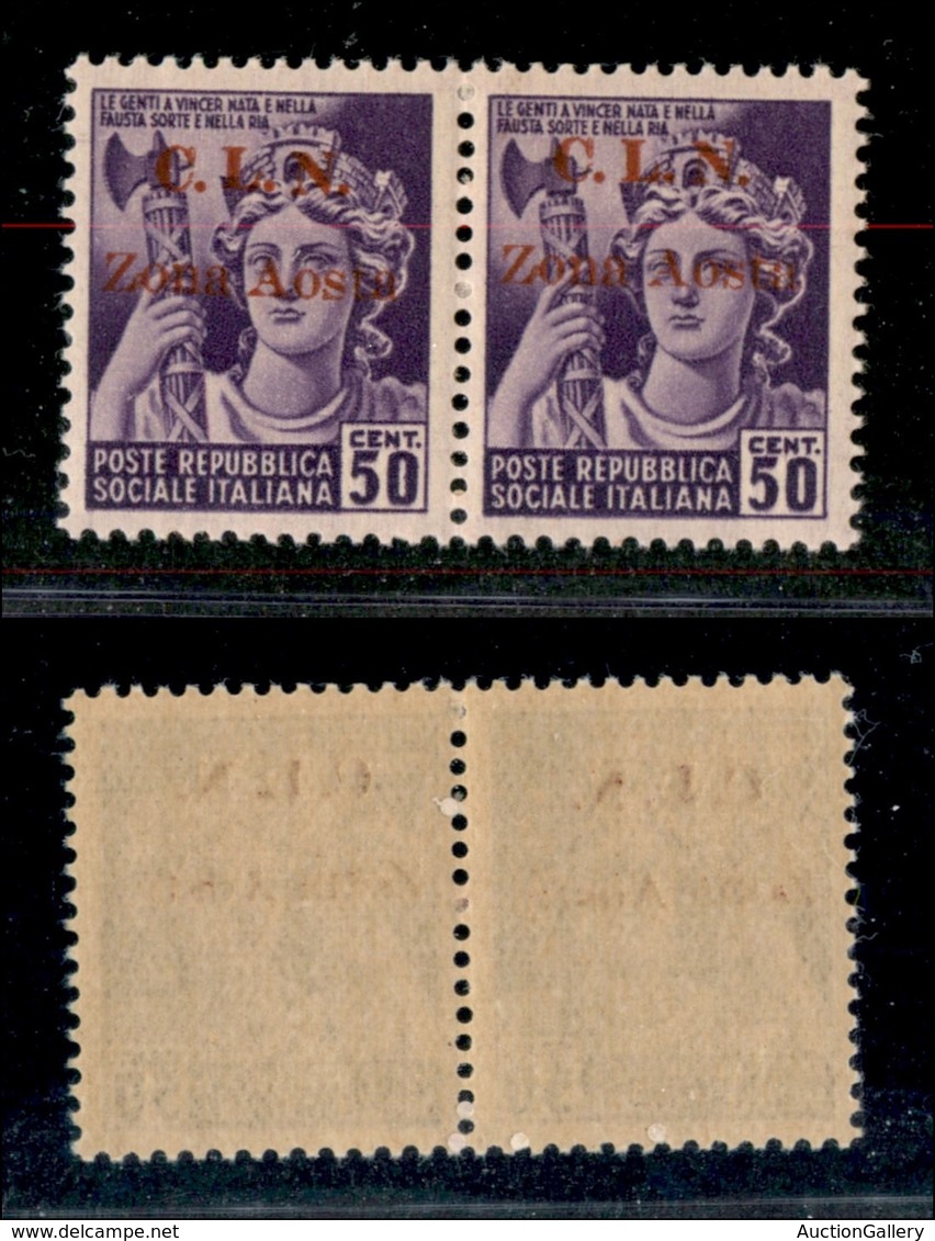 21826 EMISSIONI CLN - AOSTA - 1944 – 50 Cent (2) – Coppia Orizzontale Con Soprastampe Disallineate – Gomma Integra – Non - Autres & Non Classés