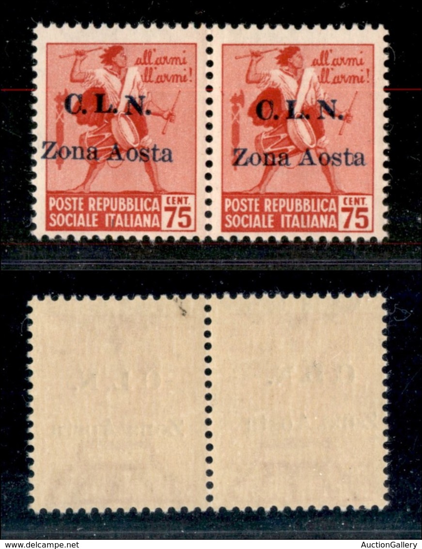 21828 EMISSIONI CLN - AOSTA - 1944 – 75 Cent (3 Varietà + 3) – Coppia Orizzontale Con Soprastampe Disallineate E Con Sop - Andere & Zonder Classificatie