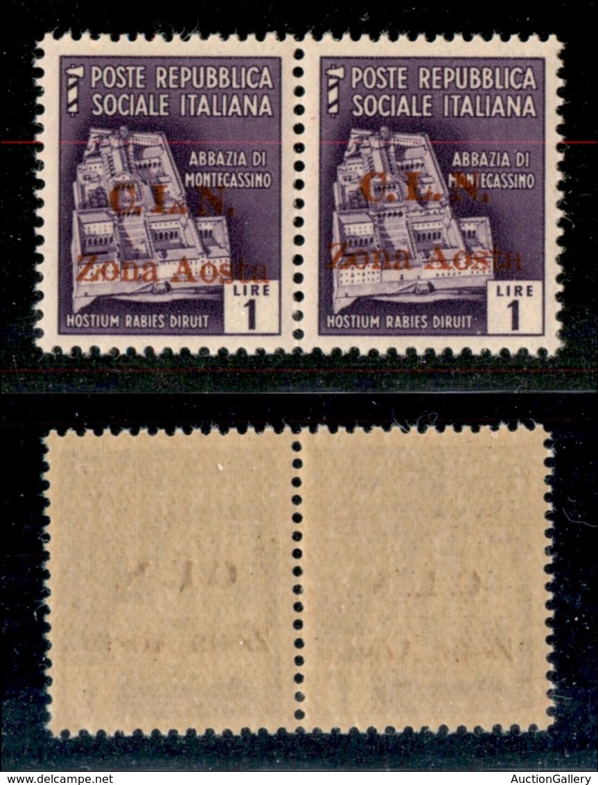 21829 EMISSIONI CLN - AOSTA - 1944 – 1 Lira (4) – Coppia Orizzontale Con Soprastampe Disallineate – Gomma Integra – Non  - Autres & Non Classés