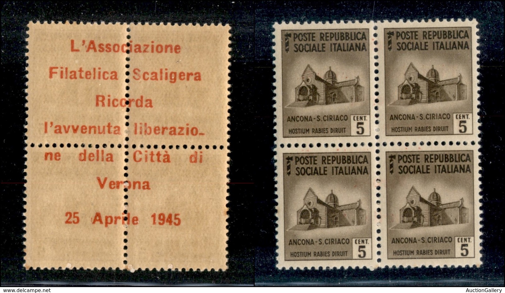 21835 EMISSIONI CLN - AOSTA - Verona 25 Aprile 1945 – Al Retro Di Quartina Del 5 Cent Monumenti Distrutti (502) – Gomma  - Autres & Non Classés