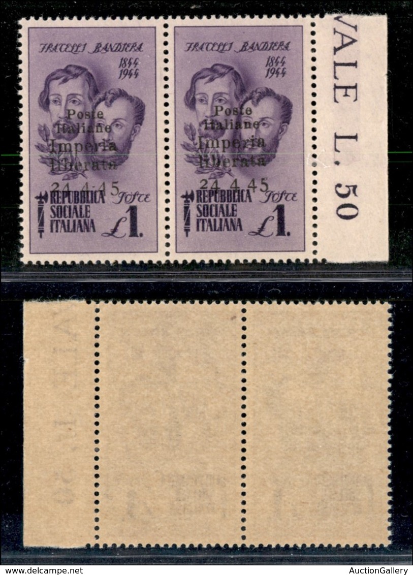 21856 EMISSIONI CLN - IMPERIA - 1945 – 1 Lira Bandiera (14b+14d) – Coppia Bordo Foglio Senza Trattino Dopo 24 + Senza Tr - Autres & Non Classés