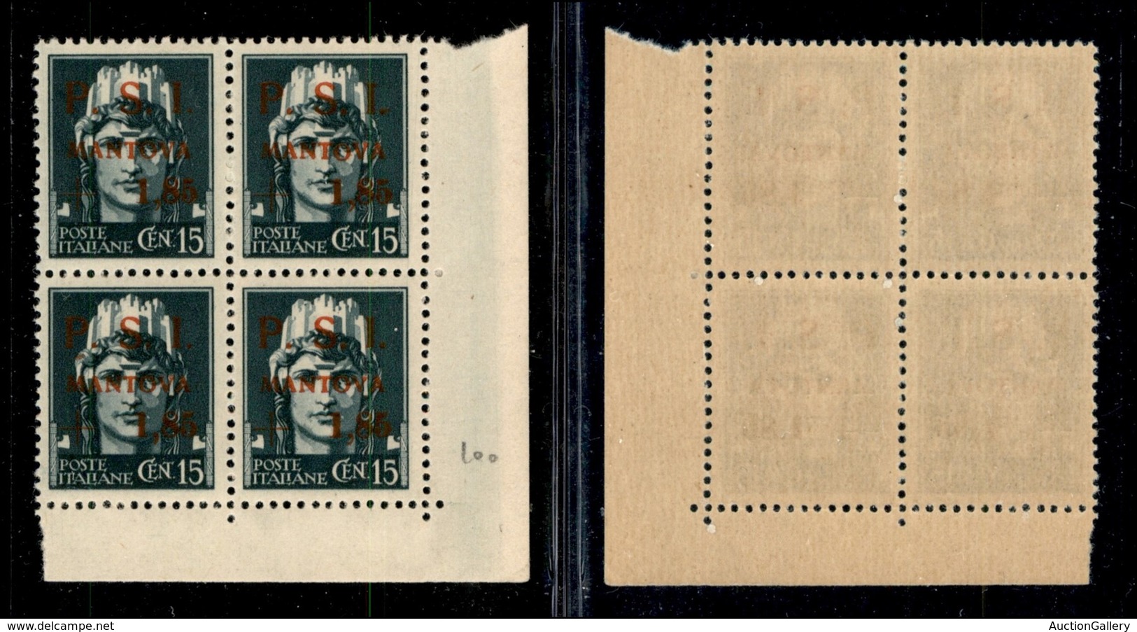 21872 EMISSIONI CLN - MANTOVA - 1945 – 15 Cent + 1.85 Lire (2) – Quartina Angolare Con Errore Mantoya (2u) In Basso A De - Autres & Non Classés