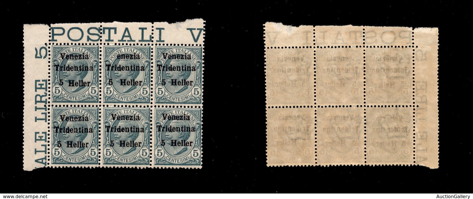 21970 OCCUPAZIONI - TRENTINO - ALTO ADIGE - 1918 - Blocco Angolare Di Sei 5 Heller (28+28g) Errore "enerzia" + 5 Spostat - Andere & Zonder Classificatie