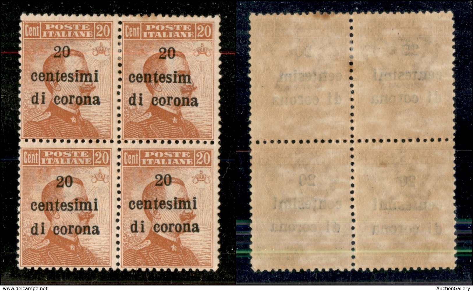 22023 OCCUPAZIONI - TRENTO E TRIESTE - 1919 - 20 Cent Su 20 (5f+5) - Errore Centesim In Quartina Con Tre Normali - Gomma - Autres & Non Classés