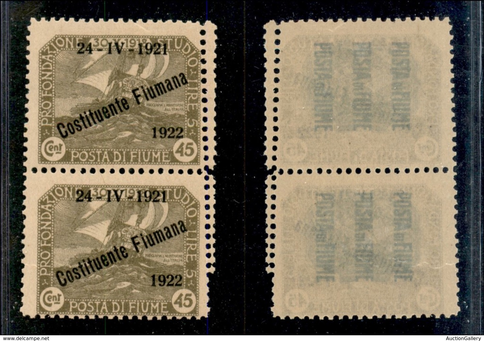 22077 OCCUPAZIONI - FIUME - 1922 – 45 Cent (183x) – Coppia Verticale Con Doppia Dentellatura A Destra (obliqua) – Gomma  - Autres & Non Classés