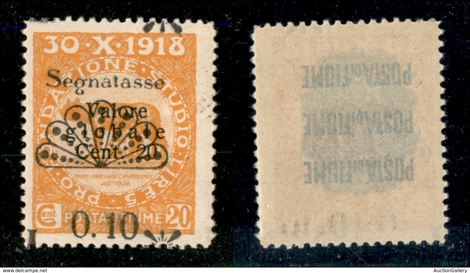 22091 OCCUPAZIONI - FIUME - 1921 - Segnatasse - 0,02 Lire Su 20 Cent (18oa) Con Soprastampa In Basso (a Cavallo) - Gomma - Autres & Non Classés