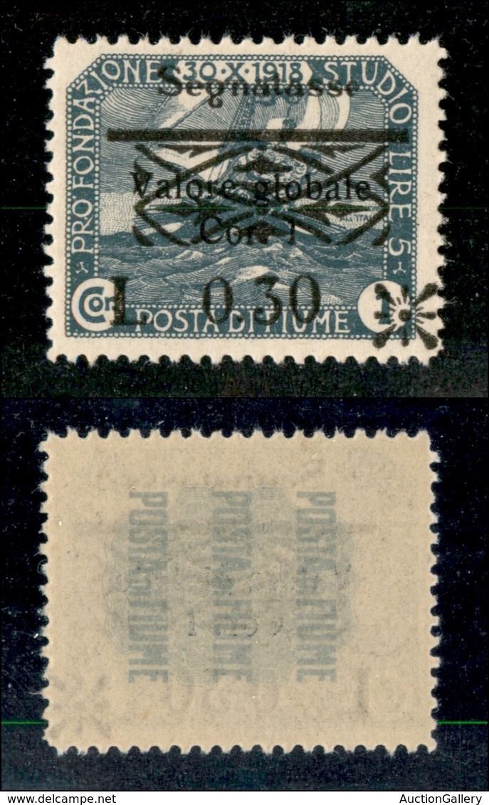 22093 OCCUPAZIONI - FIUME - 1921 - Segnatasse - 0,30 Lire Su 1 Corona (20) - Gomma Integra (50) - Sonstige & Ohne Zuordnung