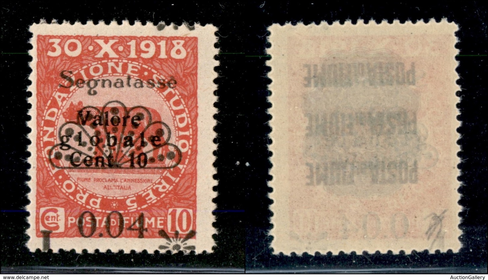 22109 OCCUPAZIONI - FIUME - 1921 - Segnatasse - 0,04 Lire Su 10 Cent (26pp) Con Soprastampa In Basso - Gomma Integra (60 - Autres & Non Classés