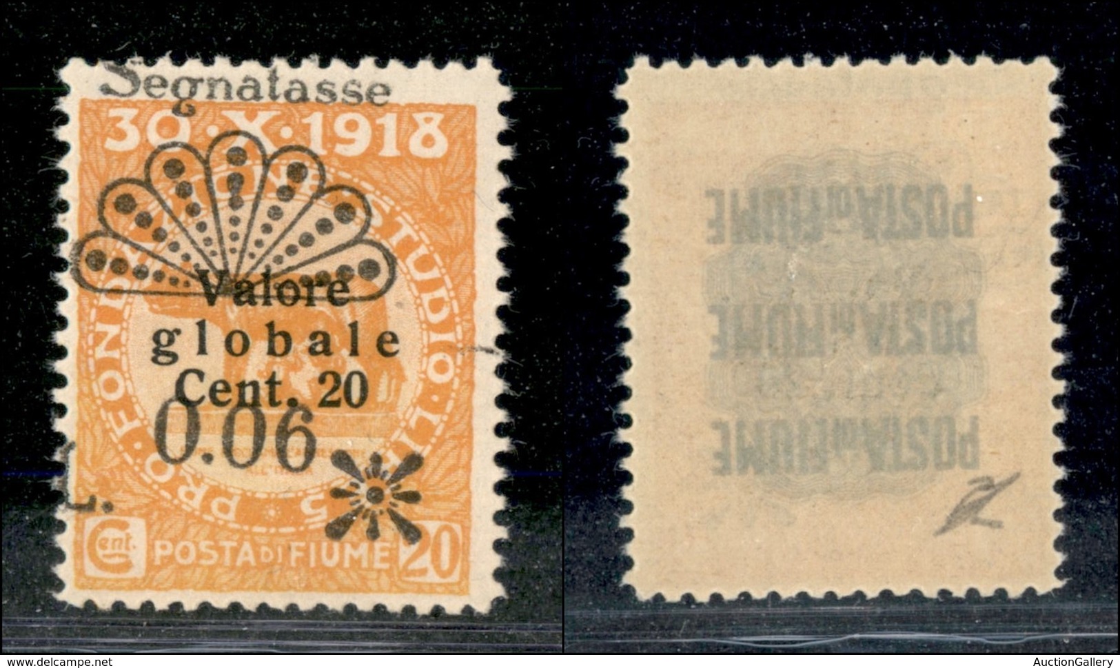 22114 OCCUPAZIONI - FIUME - 1921 - Segnatasse - 0,06 Lire Su 20 Cent (28g) Con Soprastampa Obliqua - Gomma Integra (60) - Autres & Non Classés