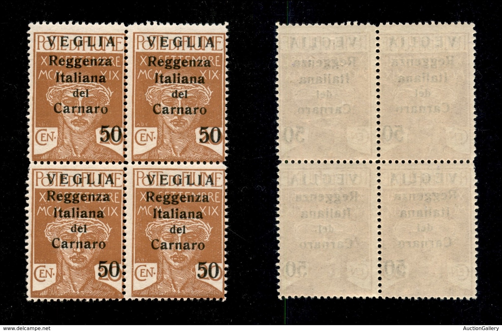 22157 OCCUPAZIONI - VEGLIA - 1920 - Quartina Del 50 Cent Su 20 Cent Ocra (9) - Gomma Integra (1.200) - Autres & Non Classés