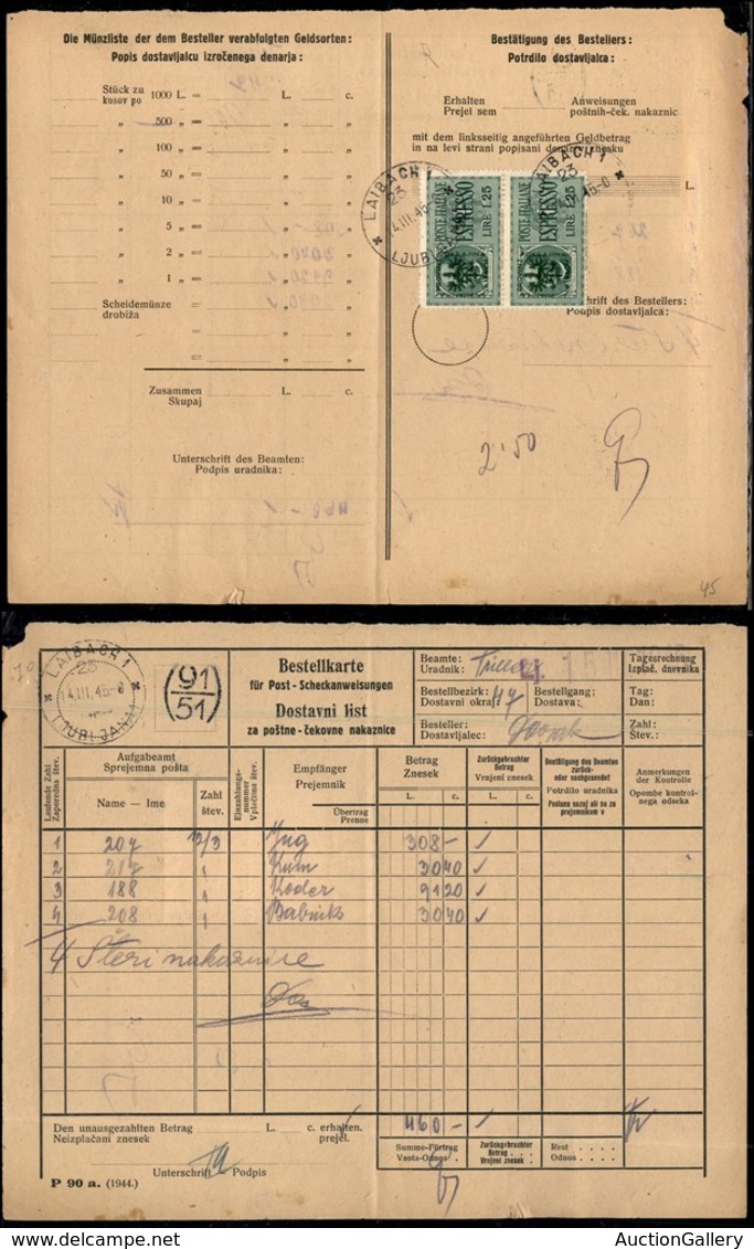 22439 OCCUPAZIONE TEDESCA - LUBIANA - 1945 - Foglio Di Recapito Per Vaglia - Assegni Postali - Affrancato Con 2 Pezzi De - Autres & Non Classés