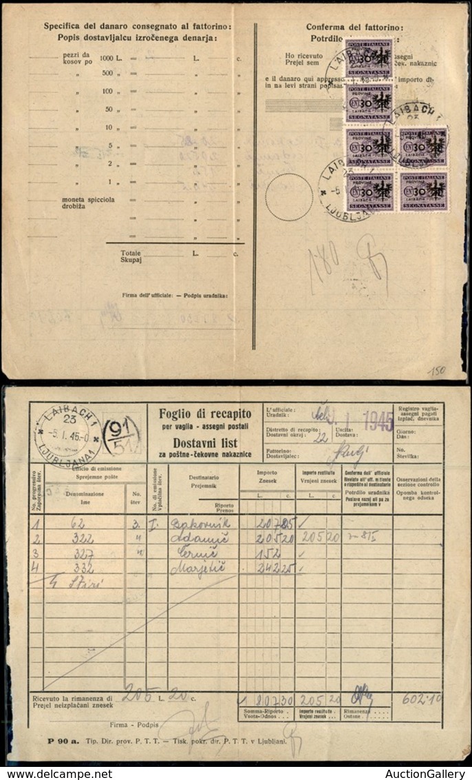 22440 OCCUPAZIONE TEDESCA - LUBIANA - 1945 - Foglio Di Recapito Per Vaglia - Assegni Postali - Affrancato Con 6 Pezzi De - Sonstige & Ohne Zuordnung