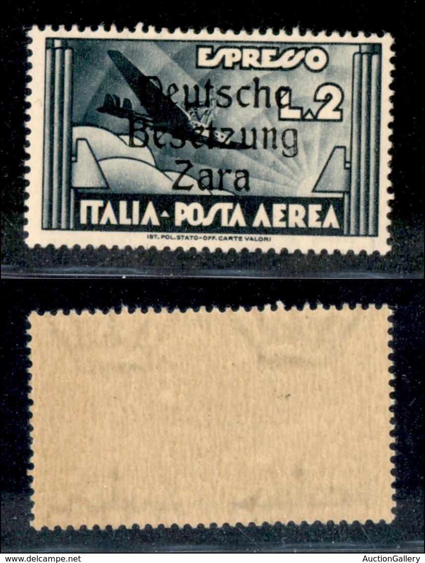 22547 OCCUPAZIONE TEDESCA - ZARA - 1943 - 2 Lire Aeroespresso (9n-Aerea) - E + N Strette (pos.9) - Gomma Integra (165) - Sonstige & Ohne Zuordnung