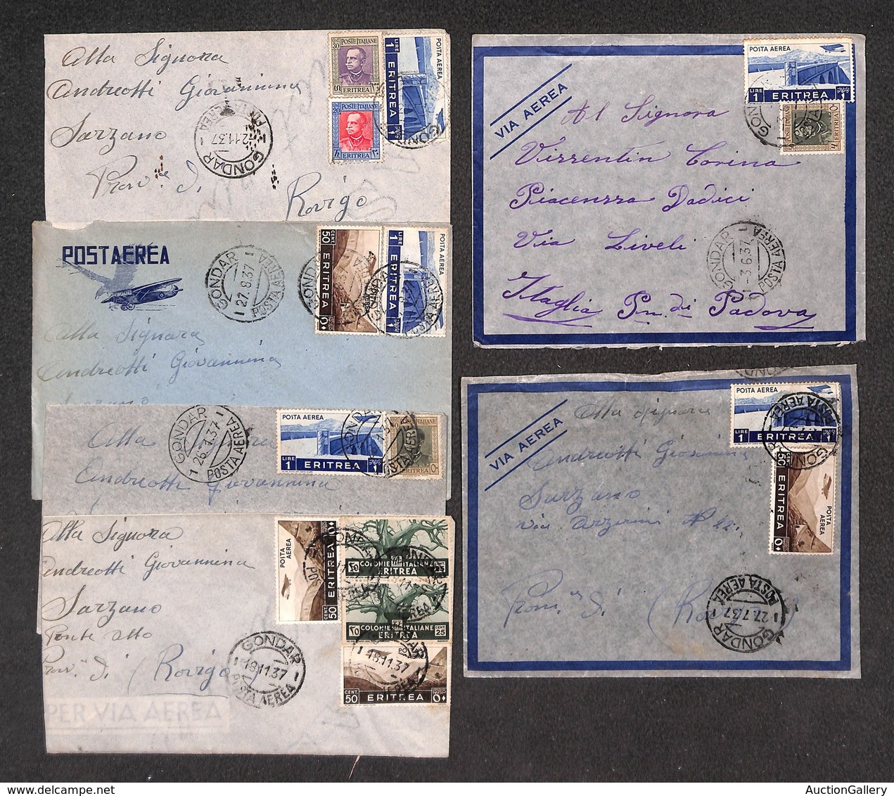 22848 COLONIE ITALIANE - A.O.I. - 1937 - Gondar Posta Aerea (P.ti 6) - Sei Aerogrammi Per Padova E Rovigo Con Affrancatu - Sonstige & Ohne Zuordnung