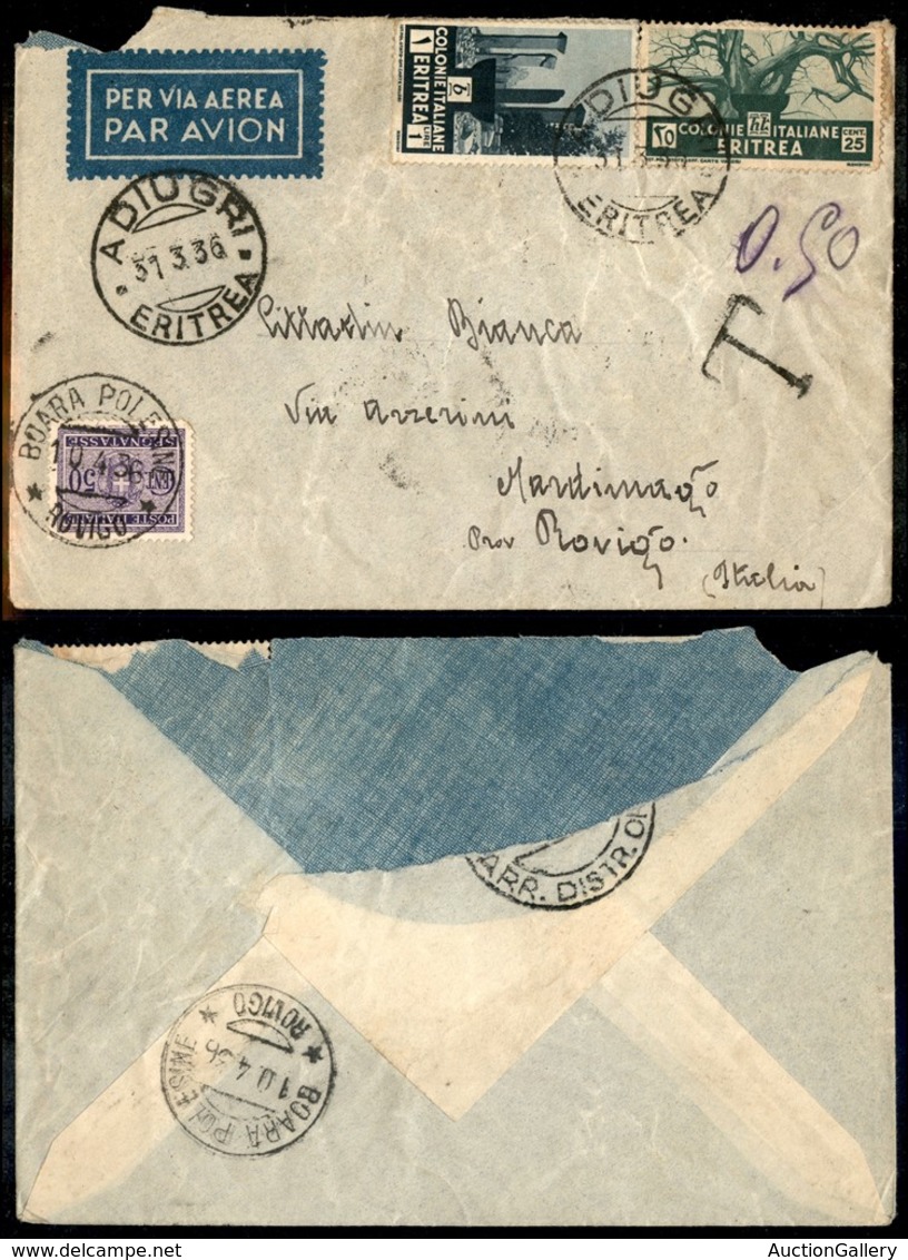 22855 COLONIE ITALIANE - A.O.I. - Adi Ugri (P.ti 6) - Aerogramma Per Rovigo Del 31.3.36 (207+209 Eritrea) Tassato In Arr - Other & Unclassified