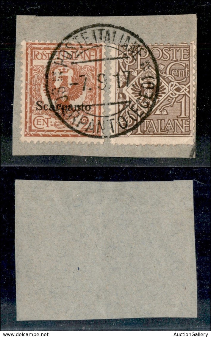 22973 COLONIE ITALIANE - EGEO - Scarpanto - 2 Cent (1) + 1 Cent (68-Regno) Su Frammento Del 7.9.17 - Autres & Non Classés