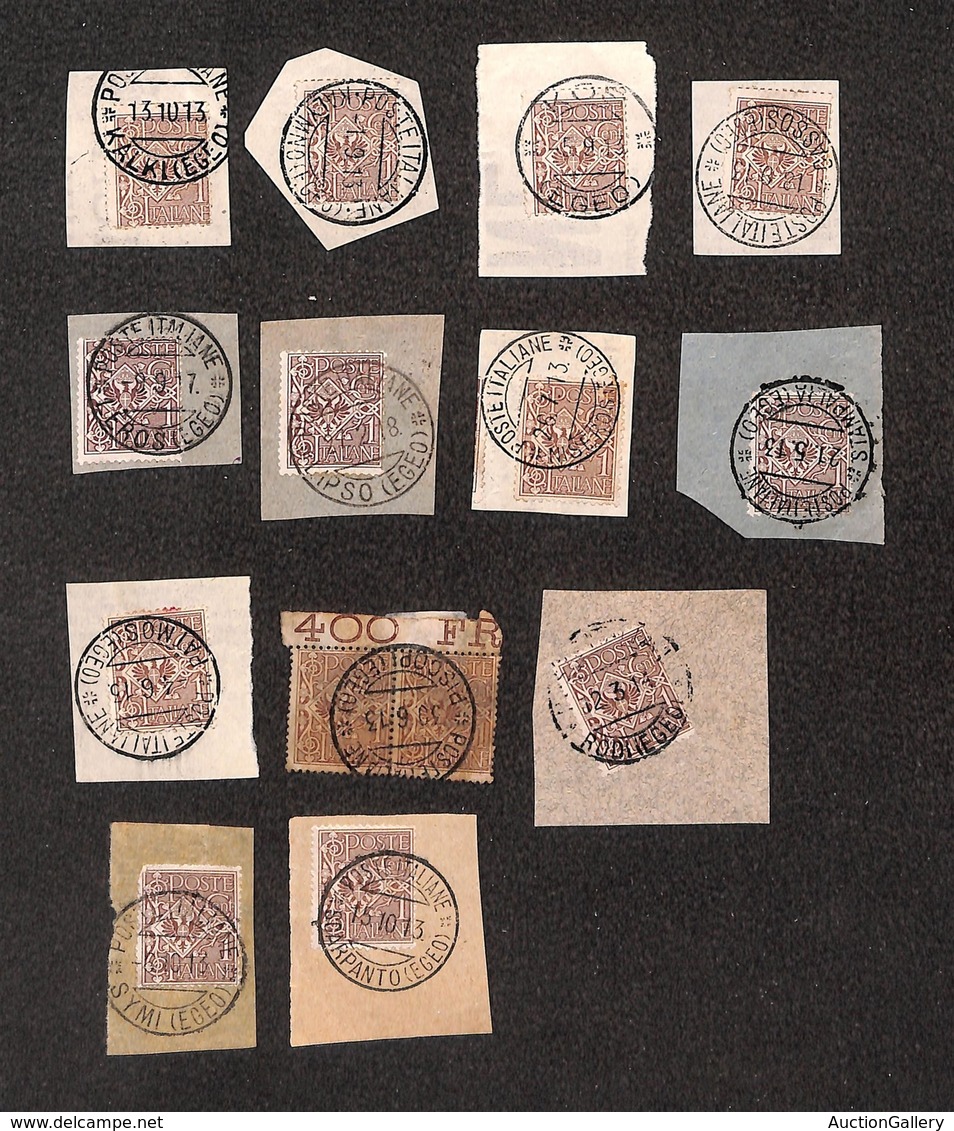 22981 COLONIE ITALIANE - EGEO - Isole Dell'Egeo - Dodici Frammenti Con 1 Cent (68-Regno) E Annulli Di 12 Diverse Isole - Autres & Non Classés