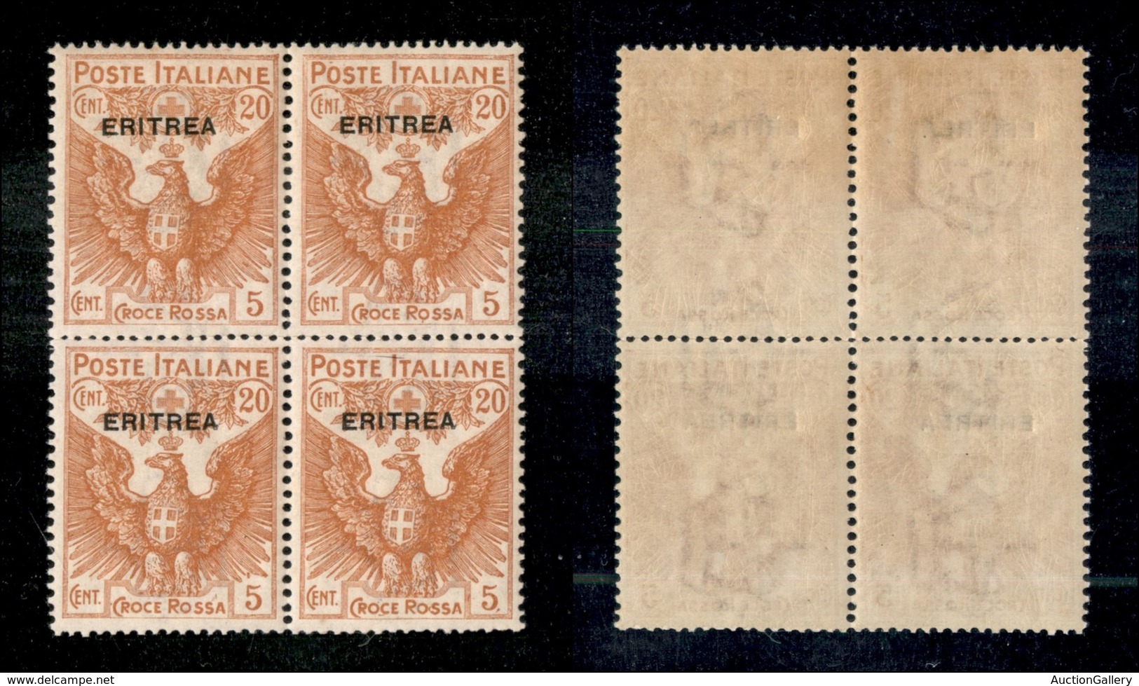 23008 COLONIE ITALIANE - ERITREA - 1916 - Quartina Del 20 + 5 Cent Croce Rossa Soprastampato (44) - Gomma Integra (100+) - Autres & Non Classés