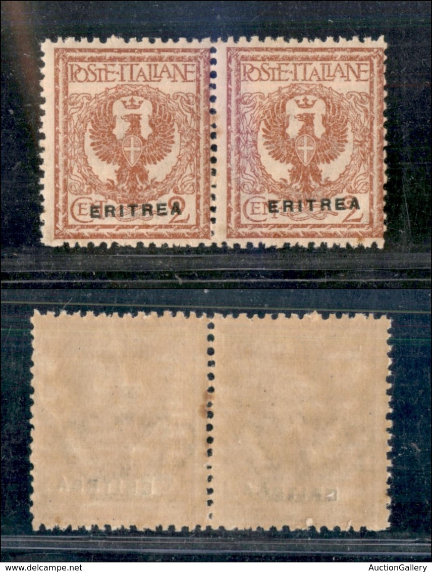 23025 COLONIE ITALIANE - ERITREA - 1924 - Coppia Del 2 Cent Aquila Sabauda Soprastampato (78f) Soprastampa Obliqua - Gom - Autres & Non Classés