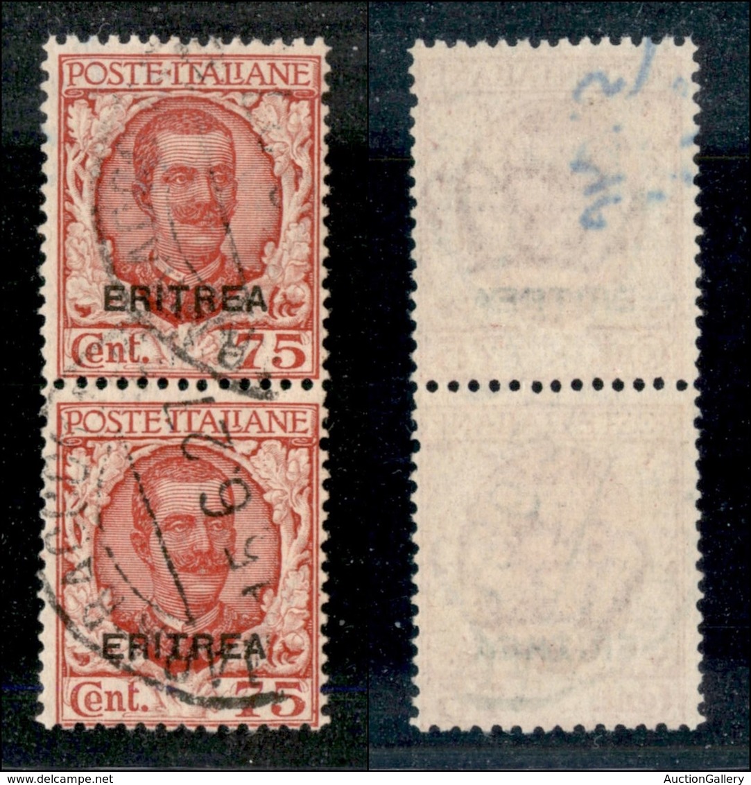 23033 COLONIE ITALIANE - ERITREA - 1926 – Coppia Verticale Del 75 Cent Floreale Soprastampato (113) – Usata (60) - Autres & Non Classés