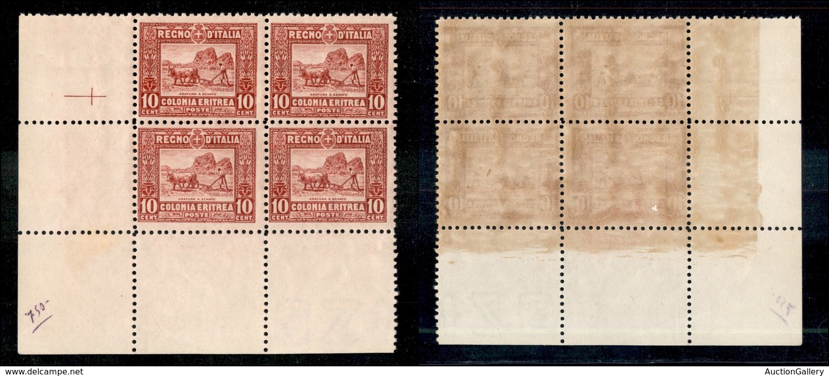 23039 COLONIE ITALIANE - ERITREA - 1928/1930 - Quartina Angolo Di Foglio Del 10 Cent Soggetti Africani (130) - Gomma Int - Autres & Non Classés