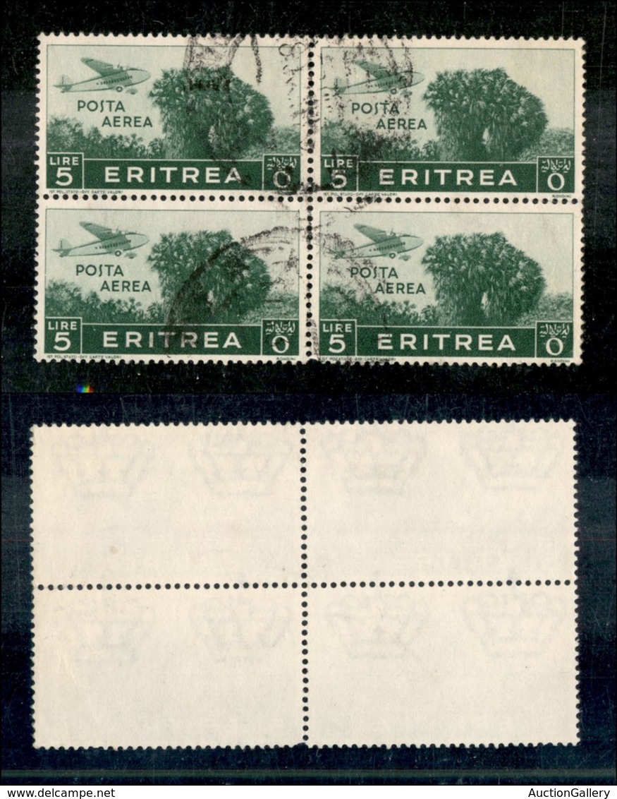 23059 COLONIE ITALIANE - ERITREA - 1936 - Quartina Del 5 Lire Soggetti Africani Posta Aerea (25) - Usata (40) - Autres & Non Classés