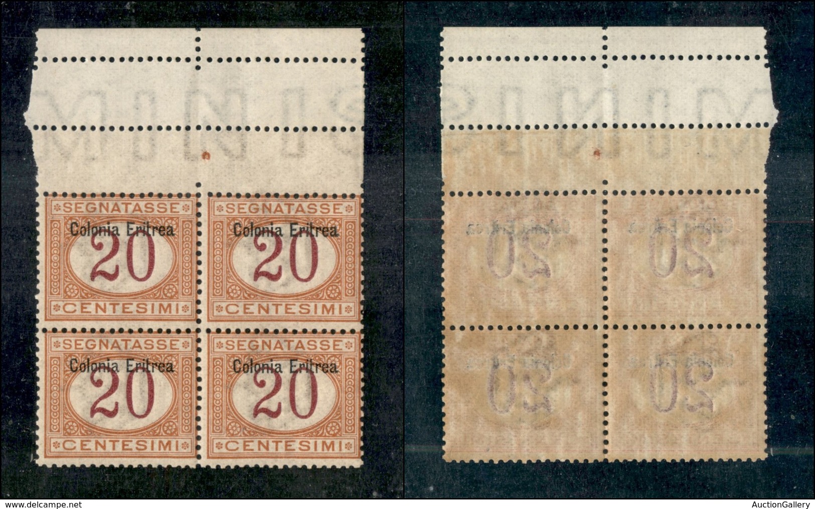 23066 COLONIE ITALIANE - ERITREA - 1903 - Quartina Del 20 Cent Segnatasse (3) - Bordo Di Foglio Con Interspazio - Gomma  - Autres & Non Classés