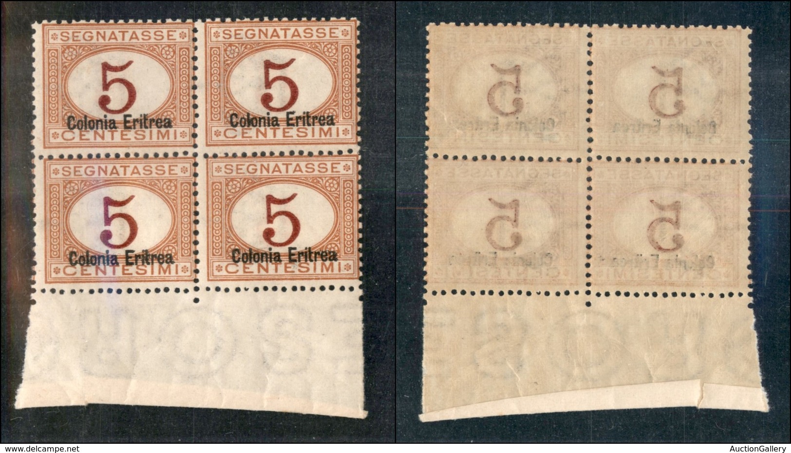 23072 COLONIE ITALIANE - ERITREA - 1920/1926 - Quartina Del 5 Cent Segnatasse (14) - Bordo Di Foglio - Gomma Integra (80 - Autres & Non Classés