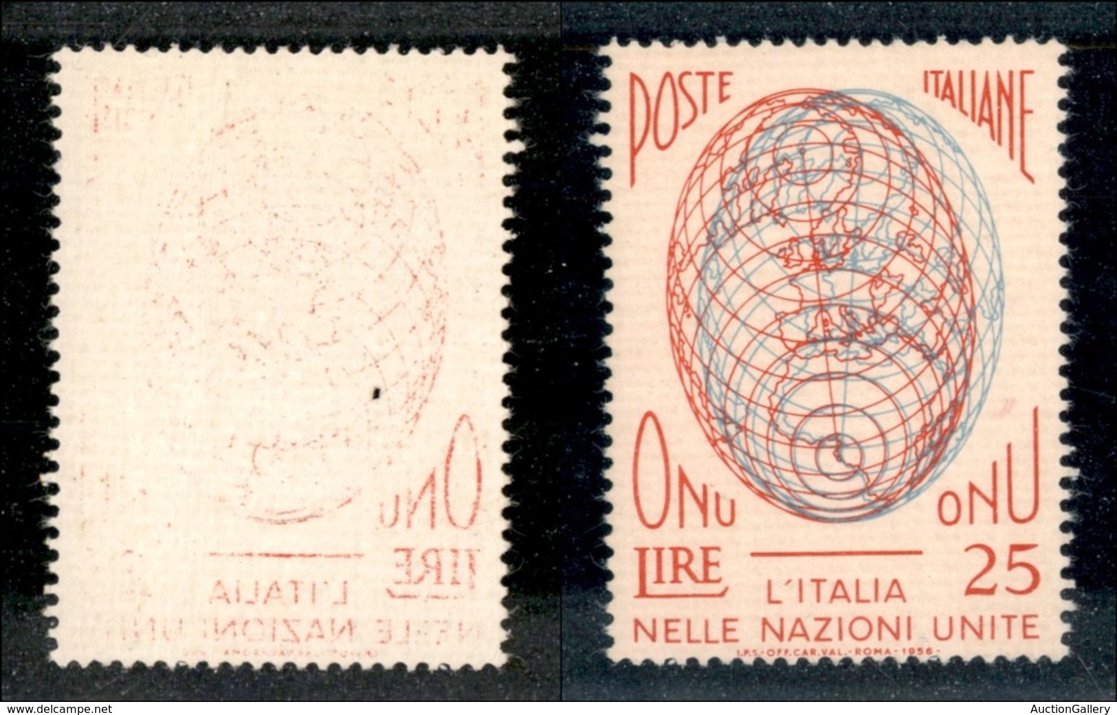 23457 REPUBBLICA - POSTA ORDINARIA - 1956 - 25 Lire ONU (806eb) Con Decalco Del Rosso - Gomma Integra - Autres & Non Classés