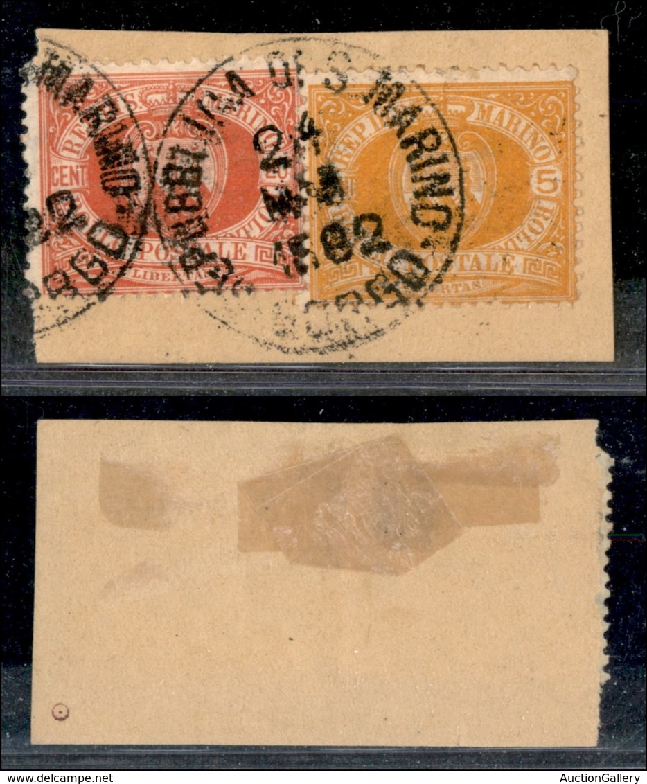 23565 SAN MARINO - POSTA ORDINARIA - 1877 - 20 Cent (4) + 5 Cent (2) Usati Su Frammento - Sonstige & Ohne Zuordnung