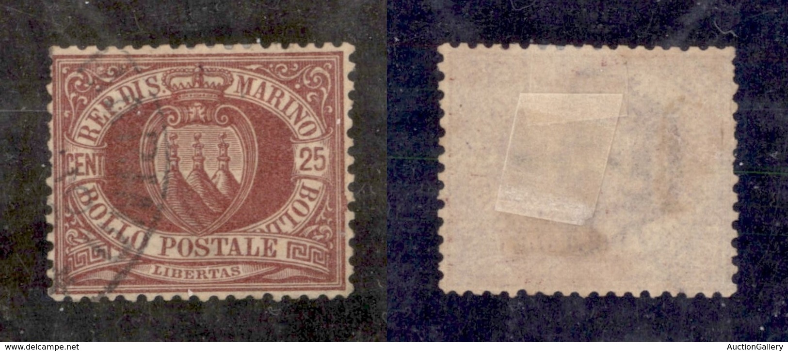 23567 SAN MARINO - POSTA ORDINARIA - 1877 - 25 Cent Stemma (5) - Dentellatura Carente A Sinistra - Ben Centrato - Usato  - Andere & Zonder Classificatie