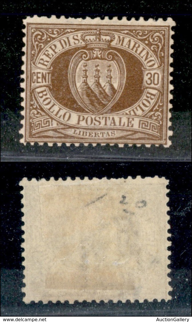 23568 SAN MARINO - POSTA ORDINARIA - 1877 - 30 Cent (6) - Gomma Postuma (rigommato) - Ben Centrato - Da Esaminare (480 S - Autres & Non Classés