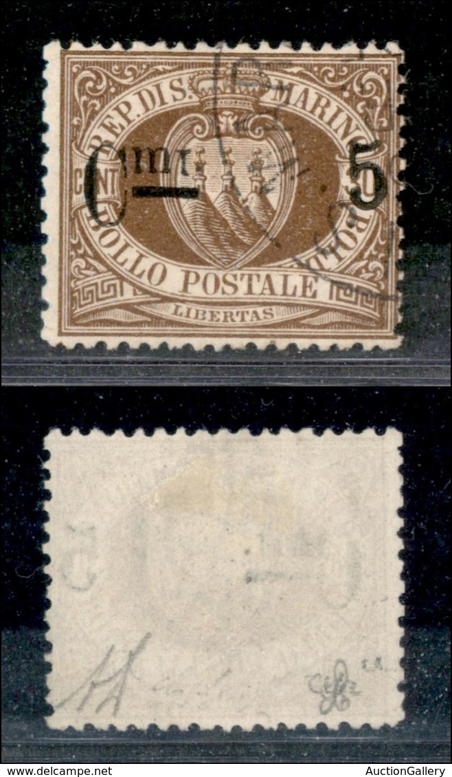 23578 SAN MARINO - POSTA ORDINARIA - 1892 - 5 Cent Su 30 (9-varietà) Usato - I Capovolto - Non Catalogato - Diena - Autres & Non Classés