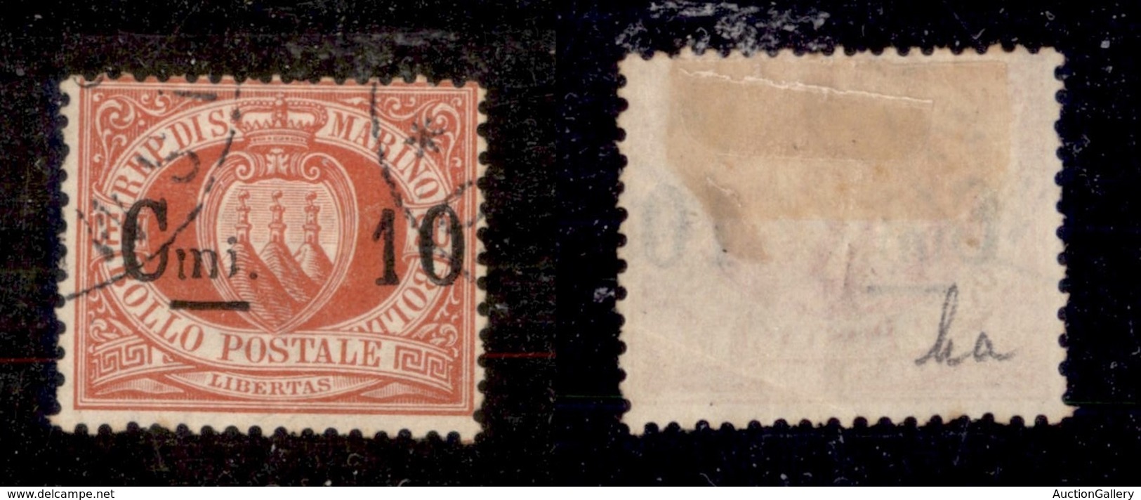 23584 SAN MARINO - POSTA ORDINARIA - 1892 - 10 Cent Su 20 Cent Stemma (10l) - "mi" Caduta In Basso - Usato (35) - Andere & Zonder Classificatie