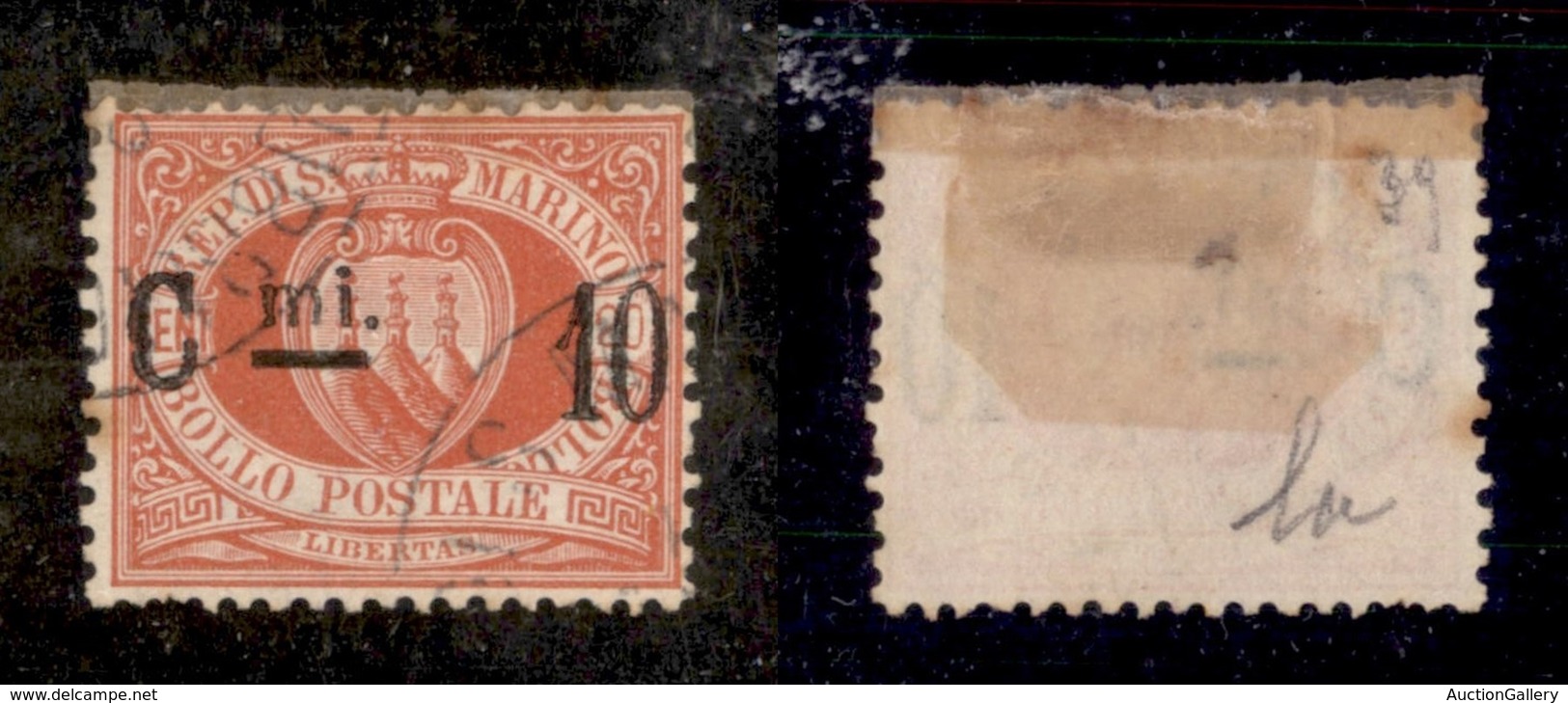 23586 SAN MARINO - POSTA ORDINARIA - 1892 - 10 Cent Su 20 Cent Stemma (10u) - Lettera "C" Distante Da "mi" - Usato (40) - Autres & Non Classés