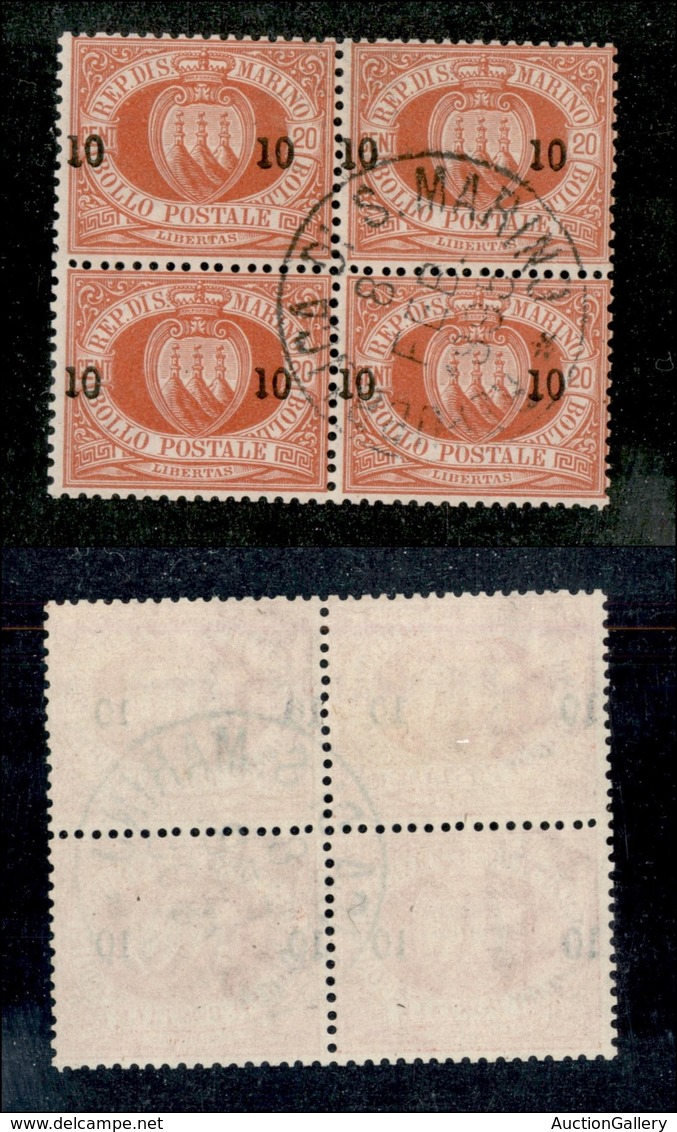 23588 SAN MARINO - POSTA ORDINARIA - 1892 - Quartina Del 10 Cent Su 20 Cent Stemma (11) - Usato (110+) - Autres & Non Classés