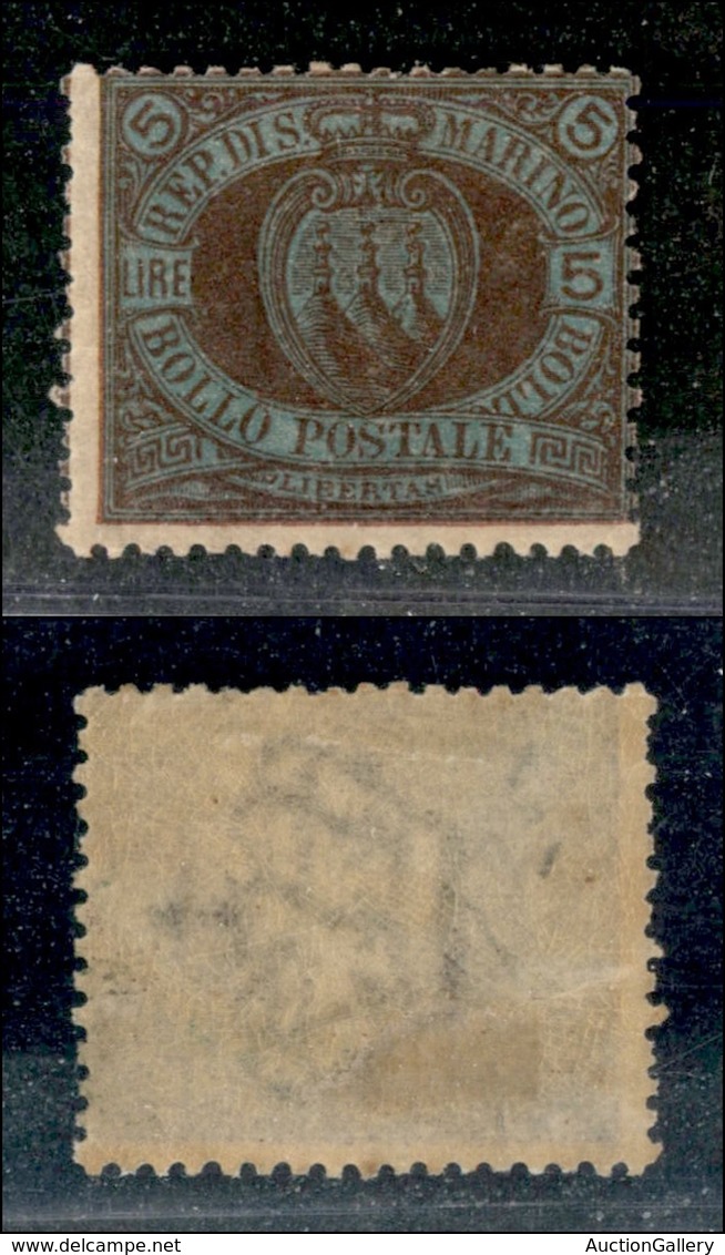 23595 SAN MARINO - POSTA ORDINARIA - 1894 - 5 Lire (22a) - Gomma Originale (150) - Andere & Zonder Classificatie