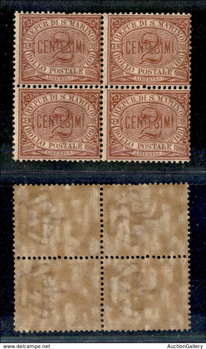 23597 SAN MARINO - POSTA ORDINARIA - 1894/1899 – 2 Cent Cifra (26) – In Quartina – Gomma Integra Brunita (175) - Sonstige & Ohne Zuordnung